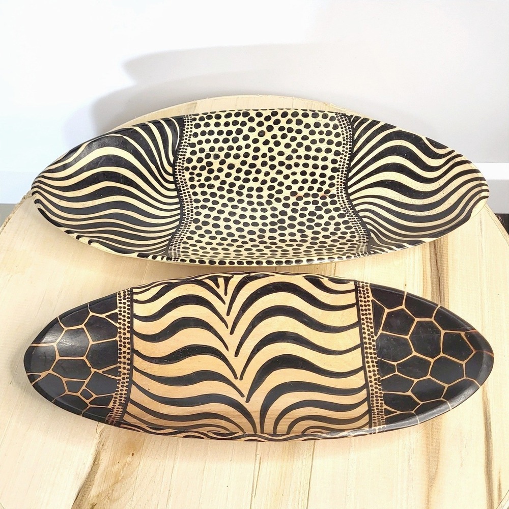 African Style Hand Carved Wood Bowls Set of 2 Animal Print Safari Decor